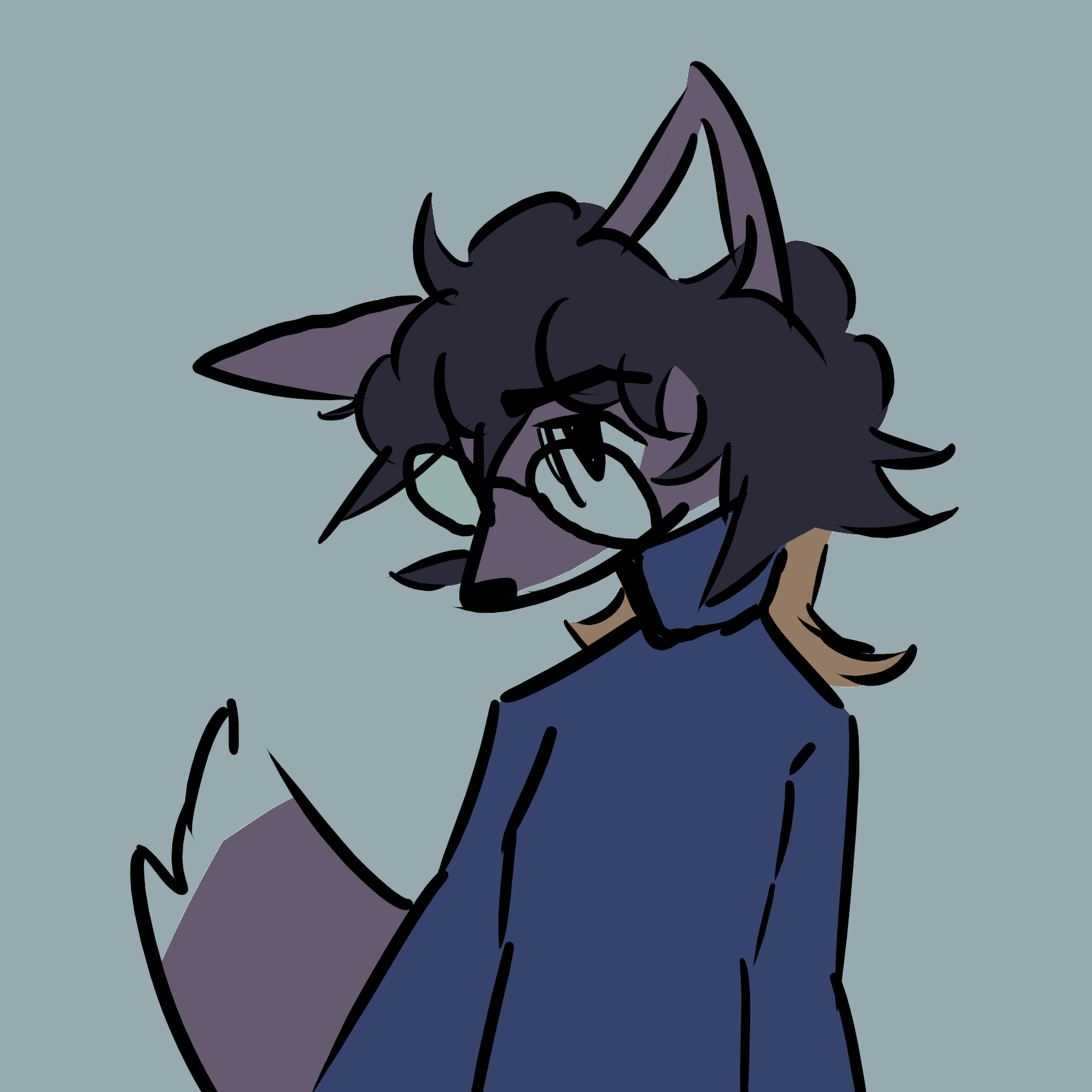 This is a flat colored digital painting of my fursona, a gray fox with black short curly hair, a blonde mullet, round glasses and a blue turtleneck sweater